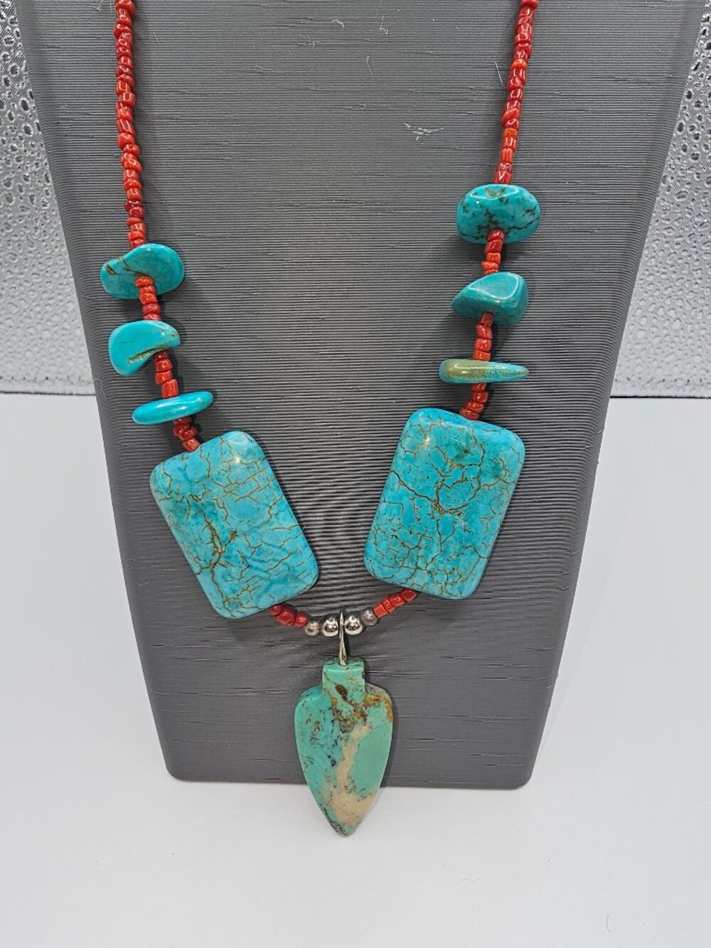 Necklace Red Coral Heshi Bead Tourquoise Howlite Arrowhead Southwestern Artisan